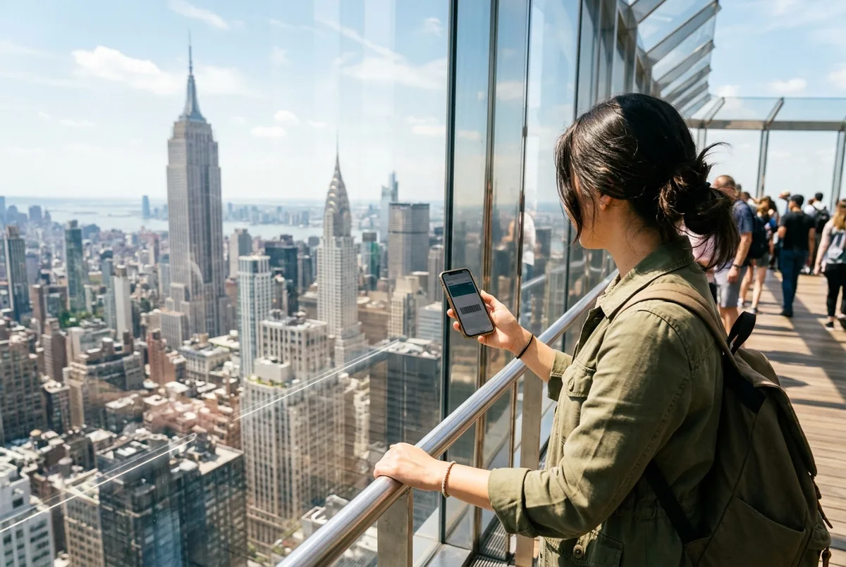 cheapest observation deck nyc scene: traveler holding a phone ticket at a bright midday observation deck window with the Midtown skyline behind, relaxed mood
