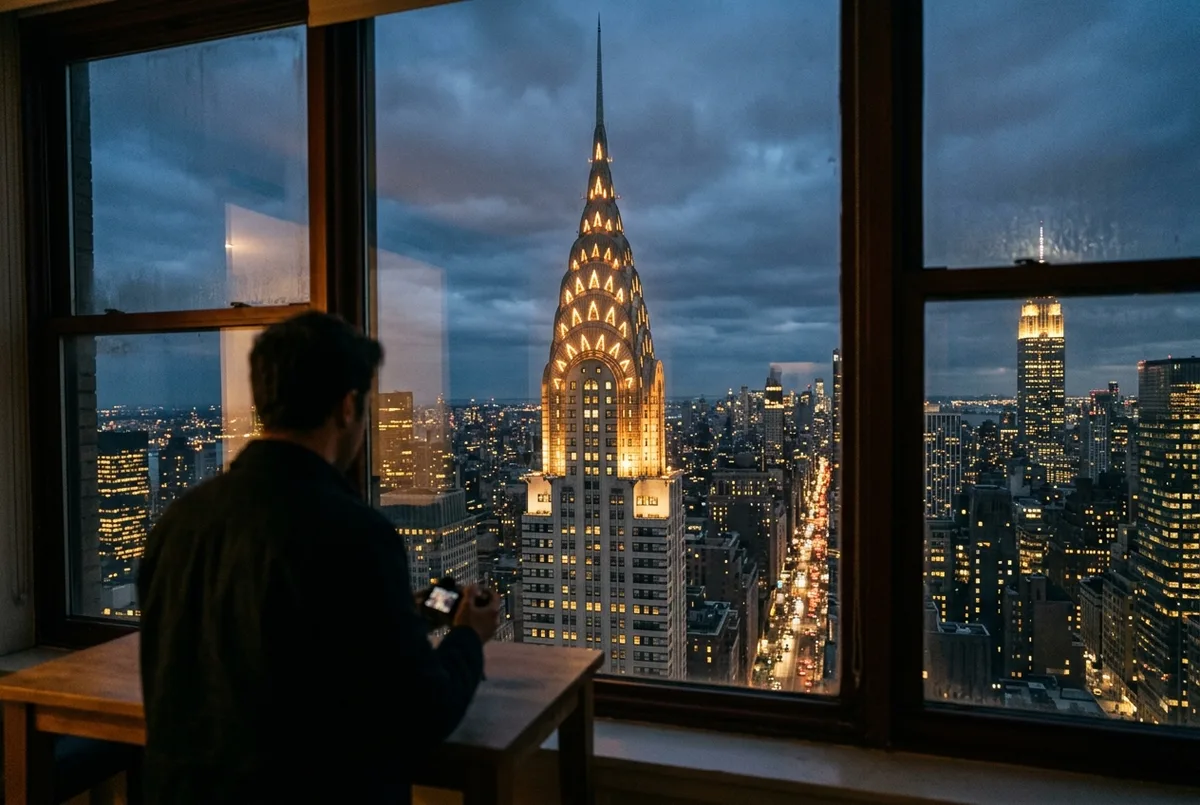 chrysler building observation deck scene: the stainless steel crown of the Chrysler Building glowing at dusk as seen from a high window across Midtown Manhattan, moody and cinematic