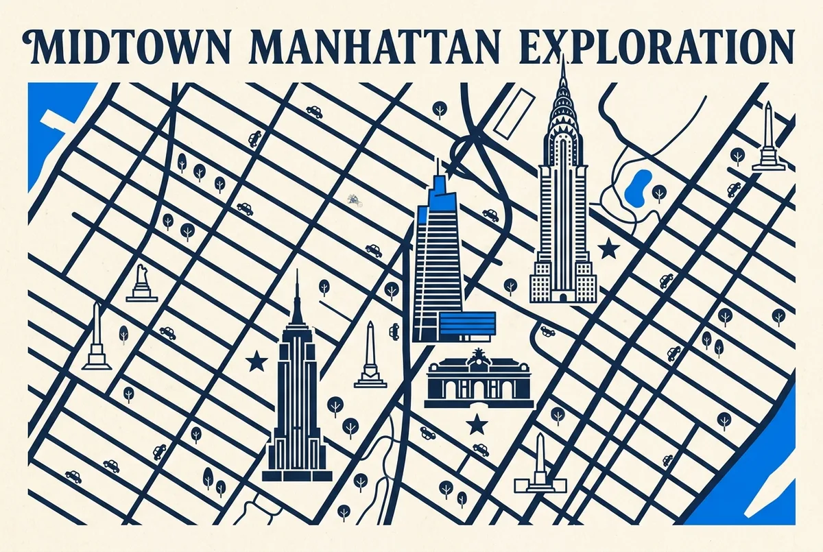 chrysler building observation deck alternative: a map of Midtown Manhattan marking the Chrysler Building, One Vanderbilt, Grand Central Terminal and the Empire State Building with generic labels