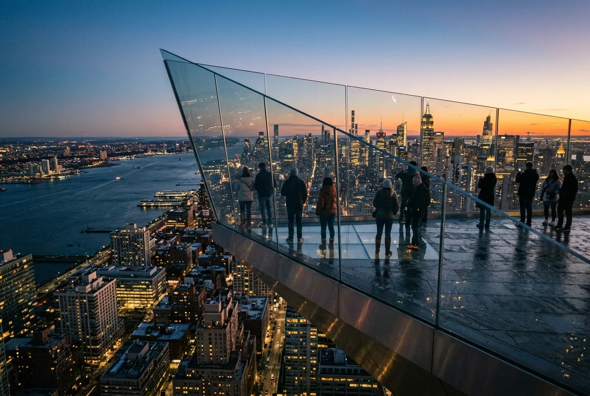 Edge Nova York entrades: plataforma exterior triangular sobre Hudson Yards amb parets de vidre inclinades i l'skyline de Manhattan al fons