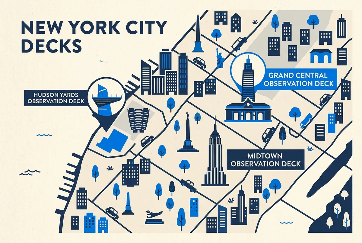 Mapa esquemàtic de Manhattan amb la situació d'Edge a Hudson Yards i de SUMMIT One Vanderbilt a Midtown, amb etiquetes genèriques