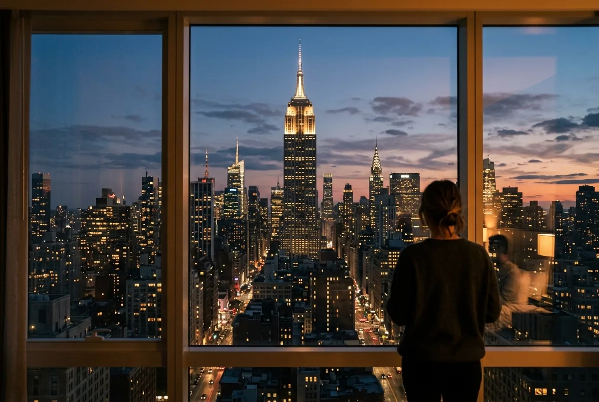 empire state building observation deck comparison scene: the lit Empire State Building seen across the Midtown skyline from a high window at dusk, calm warm mood