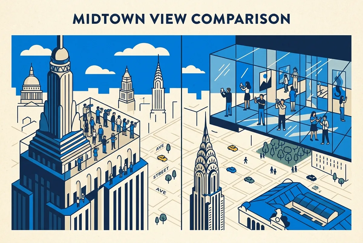 empire state building observation deck versus summit one vanderbilt map of Midtown Manhattan marking the Empire State Building, Grand Central Terminal, the Chrysler Building and Bryant Park with generic labels