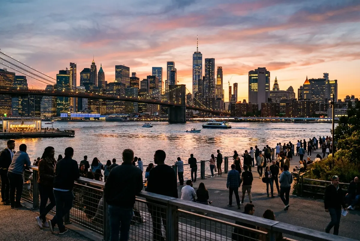 Viajeros contemplando el skyline de Manhattan al atardecer desde el paseo gratuito de Brooklyn Bridge Park frente al East River