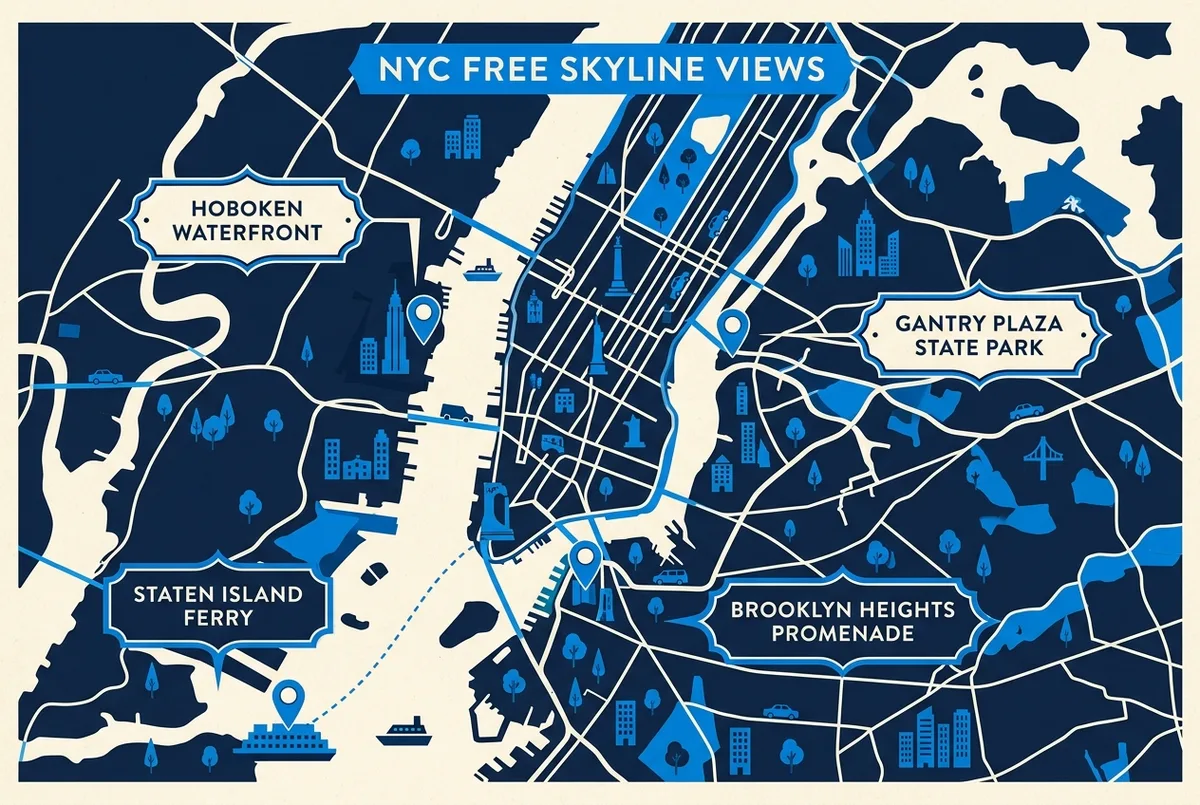Mapa esquemático del East River con etiquetas Brooklyn Bridge Park, Gantry Plaza State Park, Staten Island Ferry, High Line y SUMMIT One Vanderbilt para ubicar los puntos de vista gratuitos frente a un mirador de pago