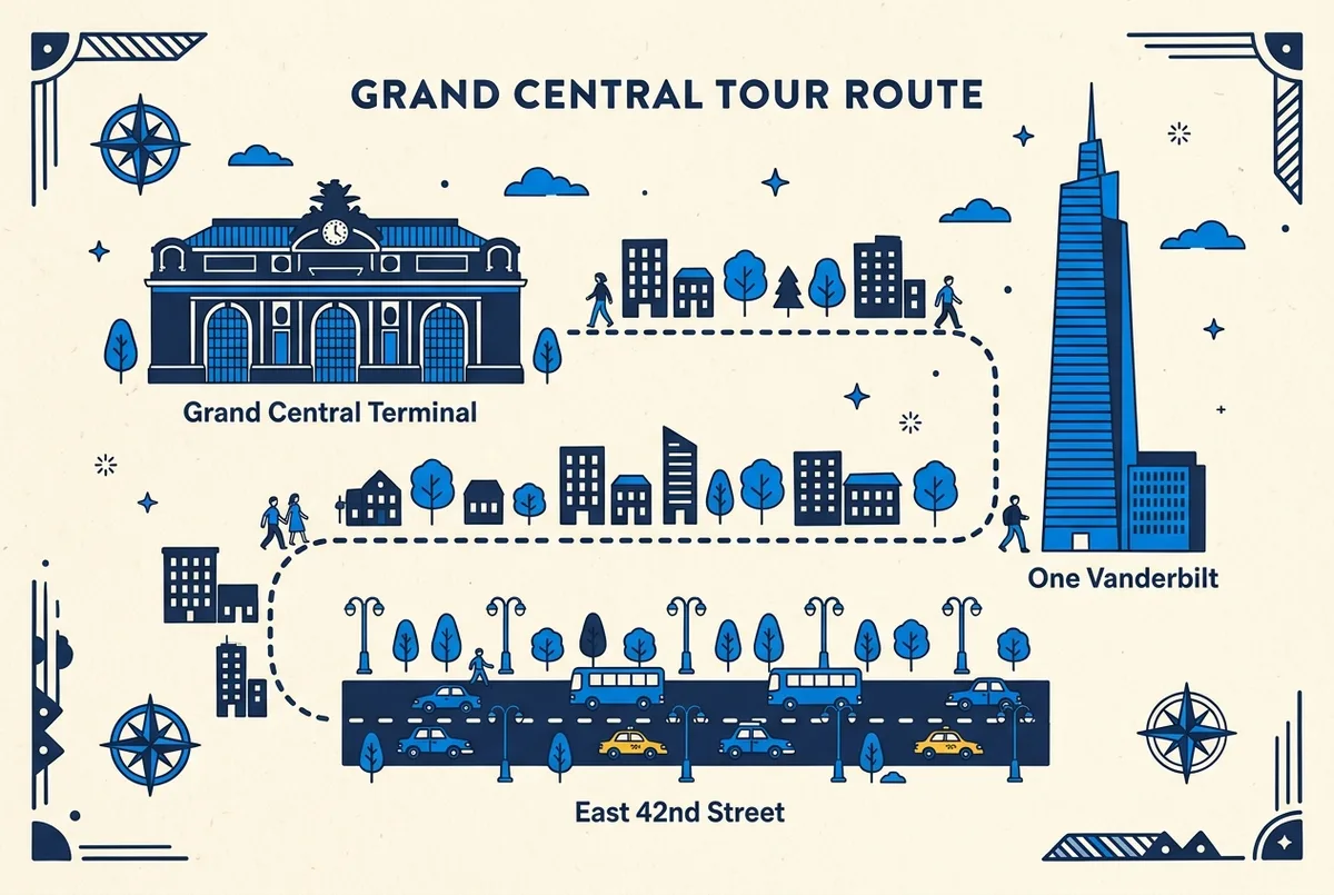 grand central terminal tour route map showing Grand Central Terminal, One Vanderbilt tower and East 42nd Street with generic labels and a walking path between them