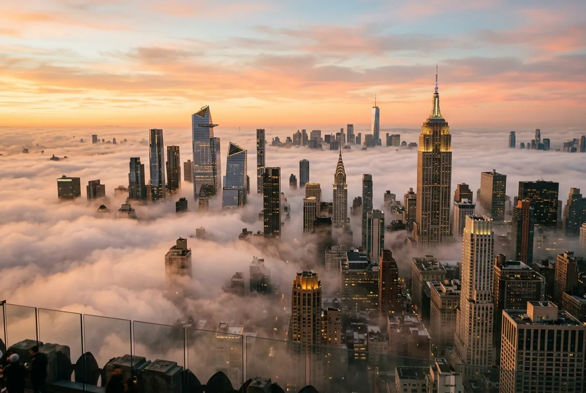 highest observation deck nyc scene: Manhattan skyscrapers of different heights seen from above the clouds at sunrise, tall towers rising through low mist