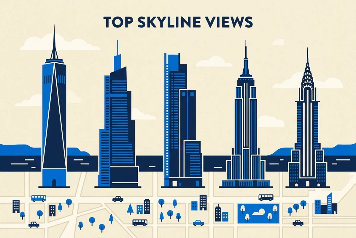 highest observation deck nyc height ranking infographic showing One World Trade Center, One Vanderbilt, Hudson Yards, the Empire State Building and Rockefeller Center as simple towers of different heights with generic labels
