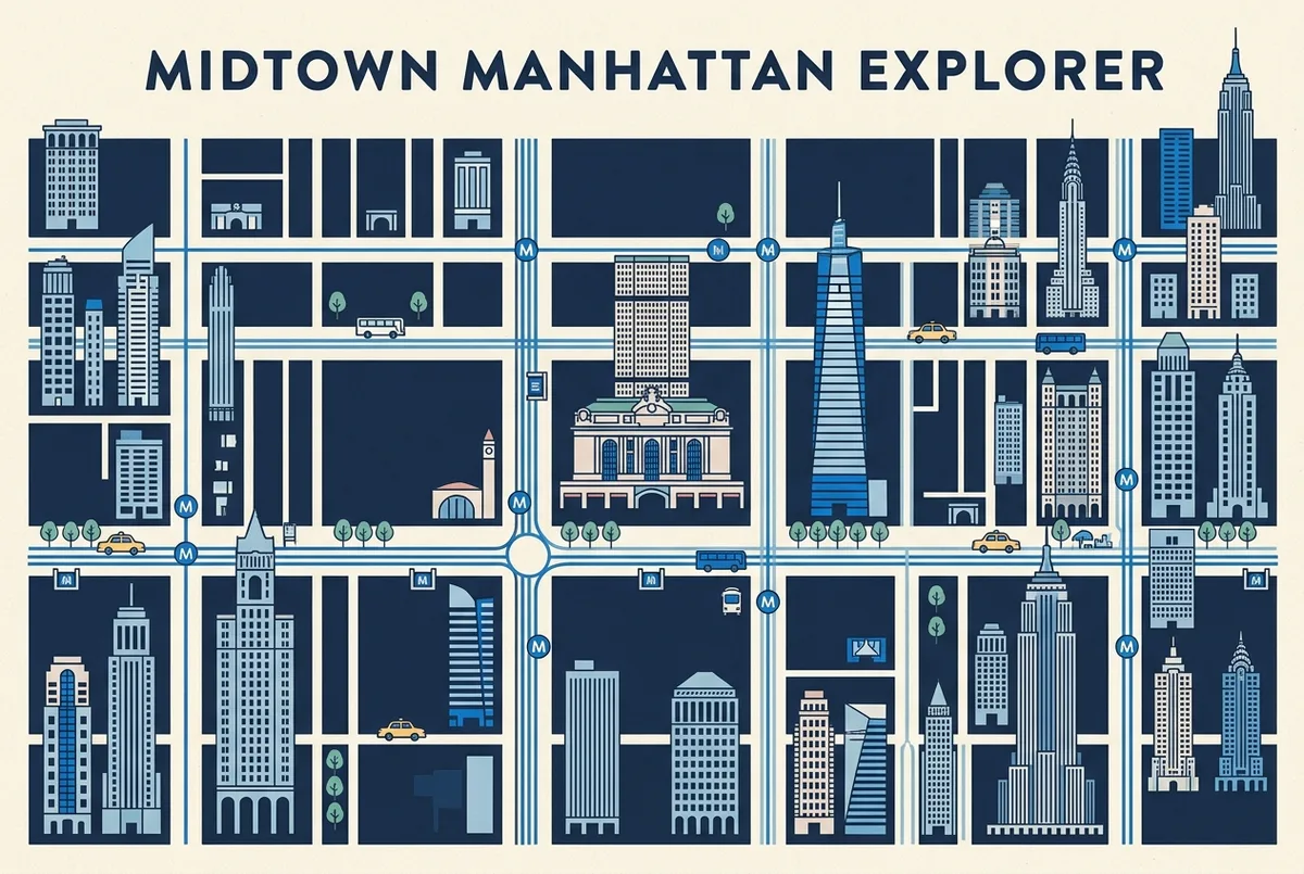 Simple illustrated map of Midtown Manhattan showing Grand Central Terminal, One Vanderbilt and nearby subway stops with generic labels