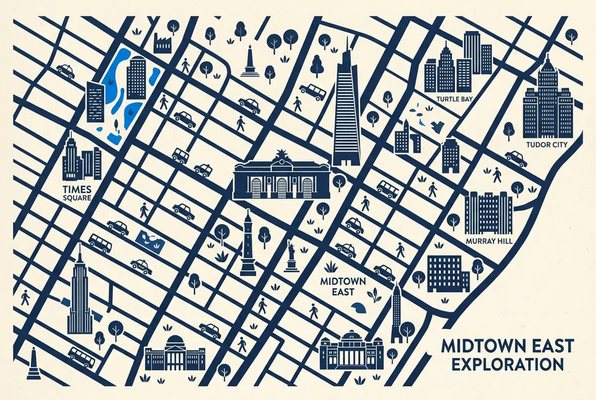 hotels near summit one vanderbilt map of Midtown East neighbourhoods showing Grand Central Terminal, One Vanderbilt, Turtle Bay, Murray Hill, Tudor City and Times Square with generic labels