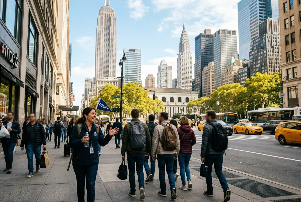 midtown manhattan walking tour scene: a guide leading a small group along a busy Midtown sidewalk toward Bryant Park with skyscrapers overhead, bright daylight, friendly mood
