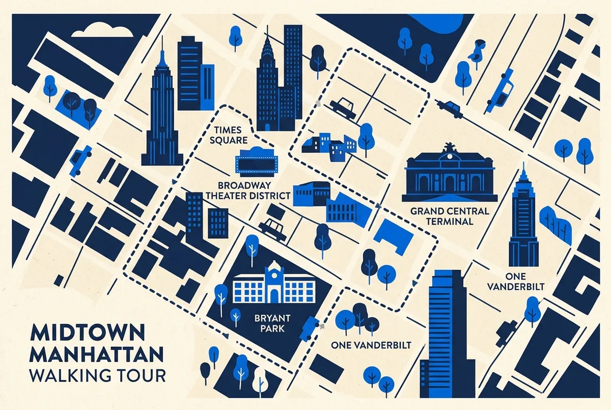 midtown manhattan walking tour route map showing Times Square, Broadway Theater District, Grand Central Terminal, Bryant Park and One Vanderbilt with generic labels and a walking path