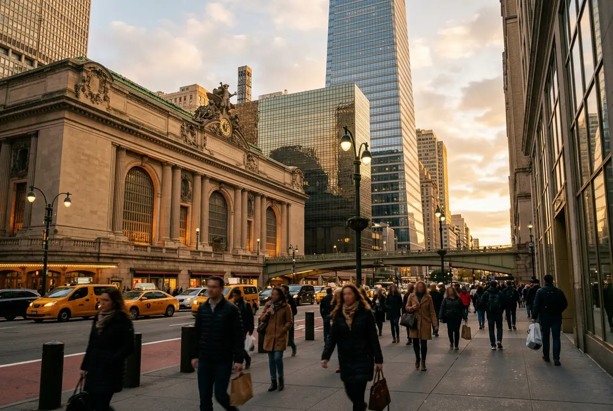 things to do near summit one vanderbilt scene: pedestrians on 42nd Street at golden hour with Grand Central Terminal and the One Vanderbilt tower rising behind, warm and lively mood