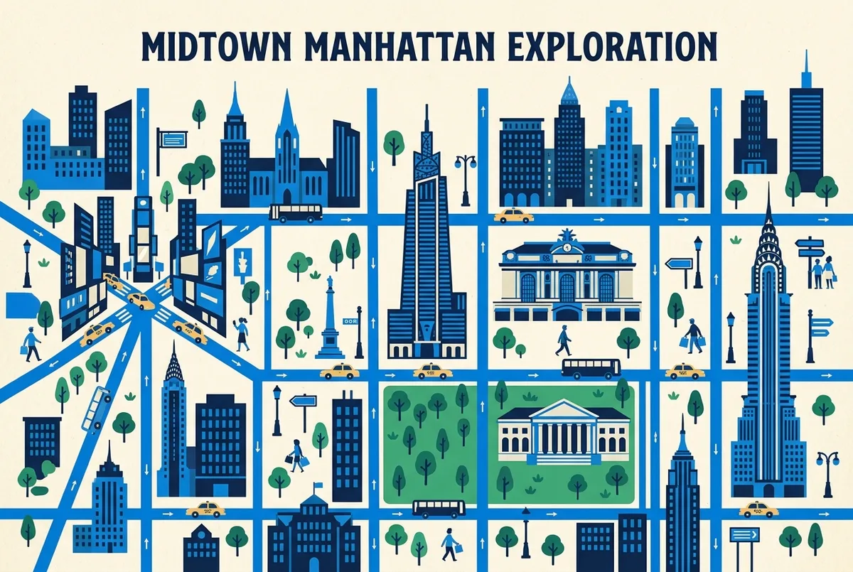 things to do near summit one vanderbilt walking map of Midtown Manhattan marking One Vanderbilt, Grand Central Terminal, Bryant Park, New York Public Library, Times Square and the Chrysler Building with generic labels