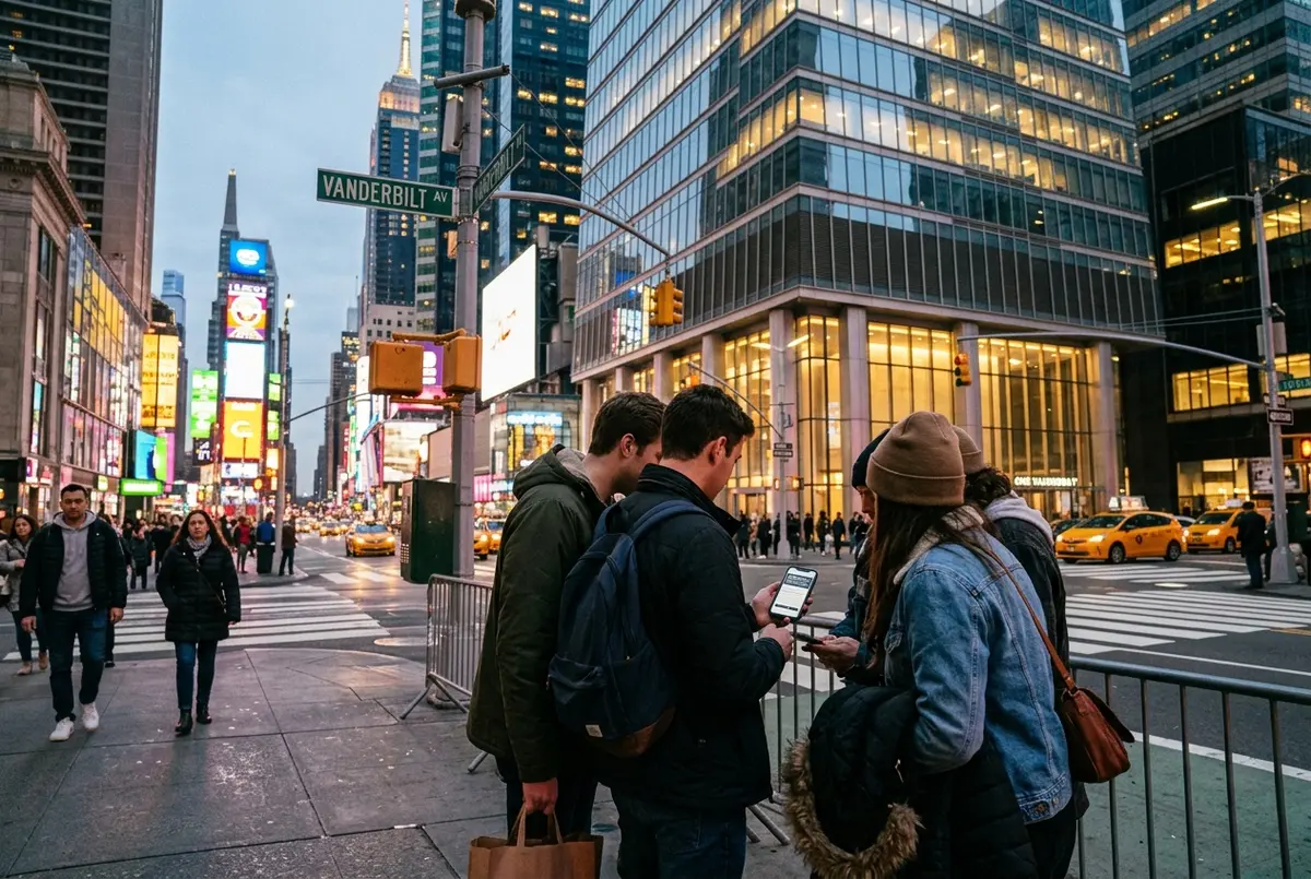 nyc attraction tickets scene: friends comparing timed entry tickets on a phone beside a Midtown street corner, One Vanderbilt tower and Times Square glow in the background