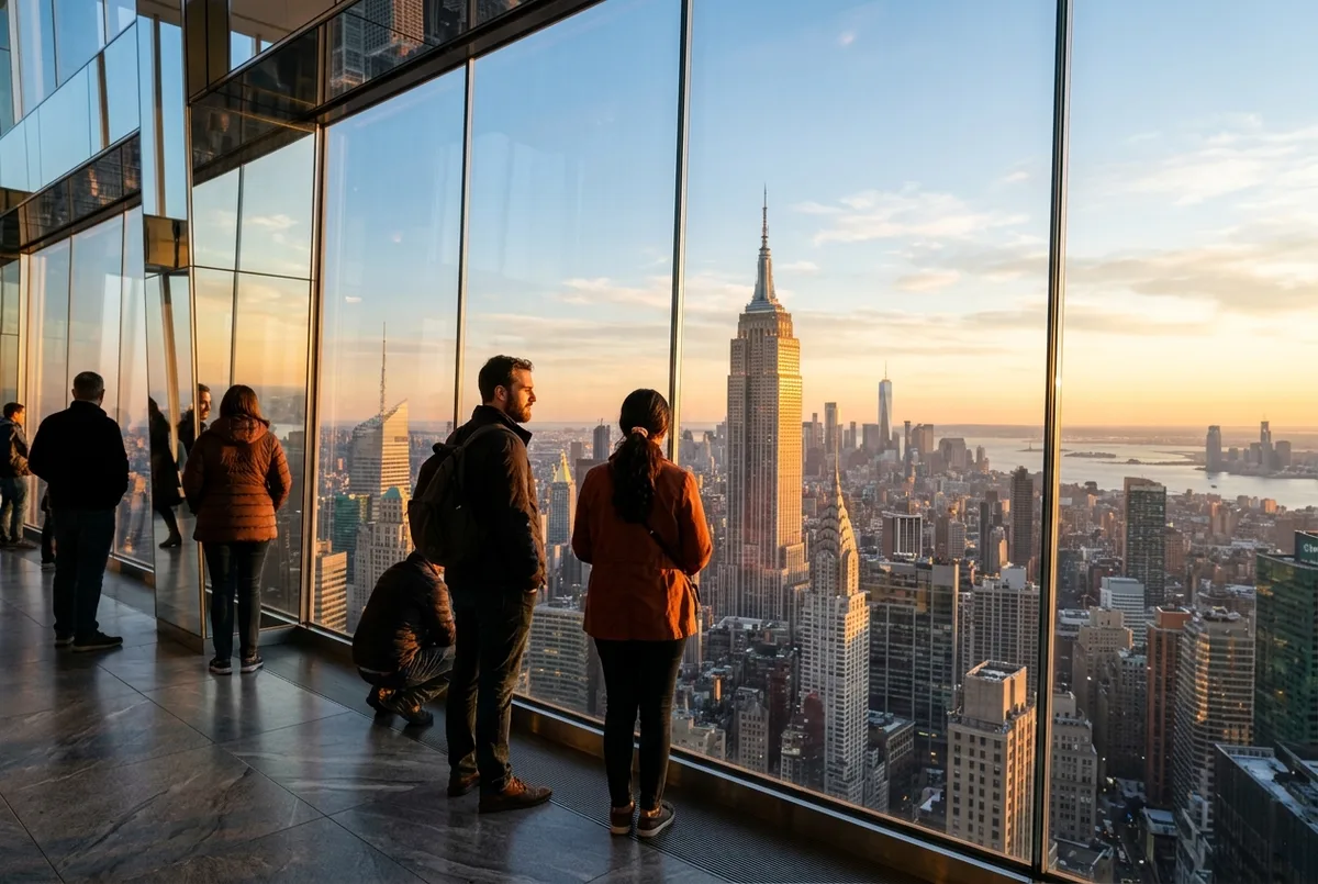 observation deck nyc scene: visitors at a high glass window looking over the Manhattan skyline with the Empire State Building in the distance at golden hour, clear sky, calm mood