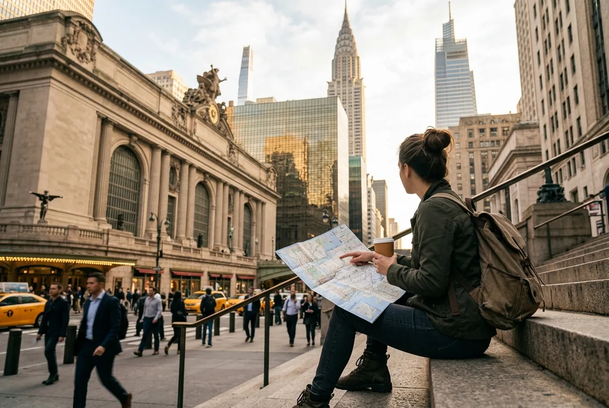 one day nyc itinerary scene: traveler with a paper map and coffee on the steps near Grand Central Terminal in soft morning light, Midtown towers rising behind
