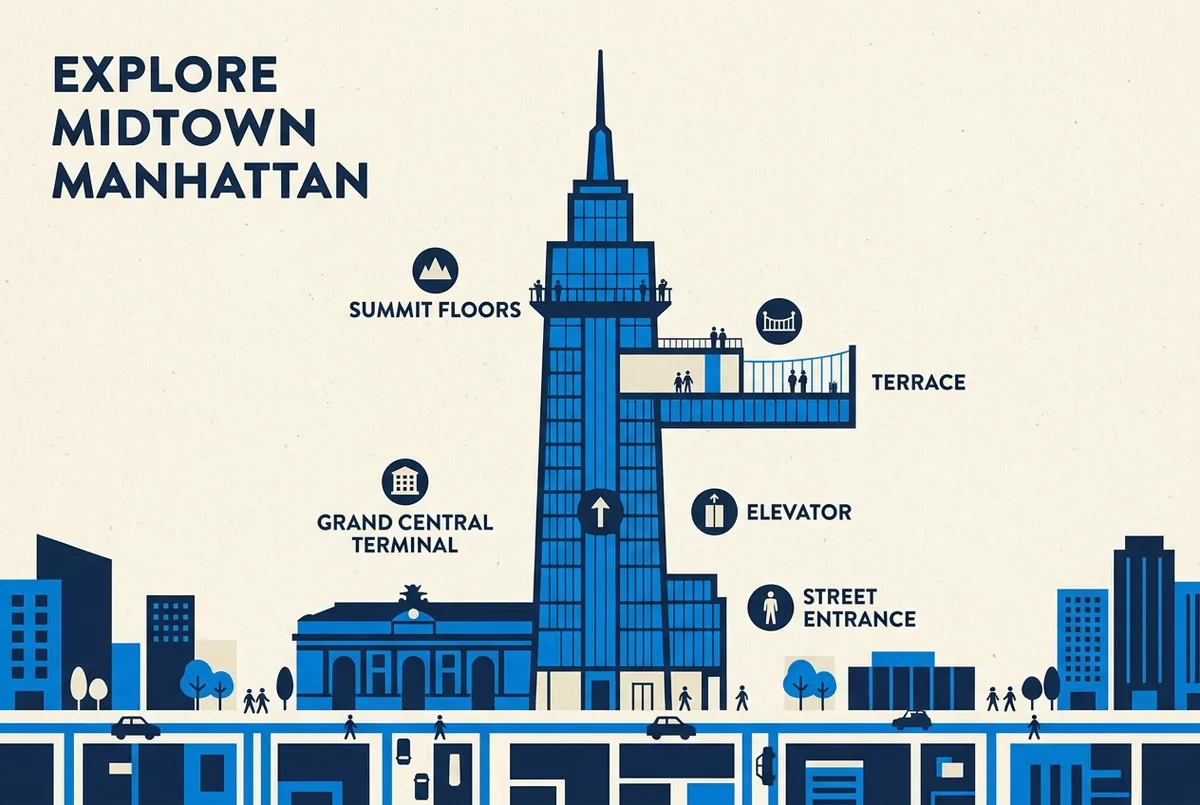 Simple labeled diagram of the One Vanderbilt building with generic labels for Grand Central Terminal, Street Entrance, Elevator, SUMMIT Floors 91 to 93 and Terrace
