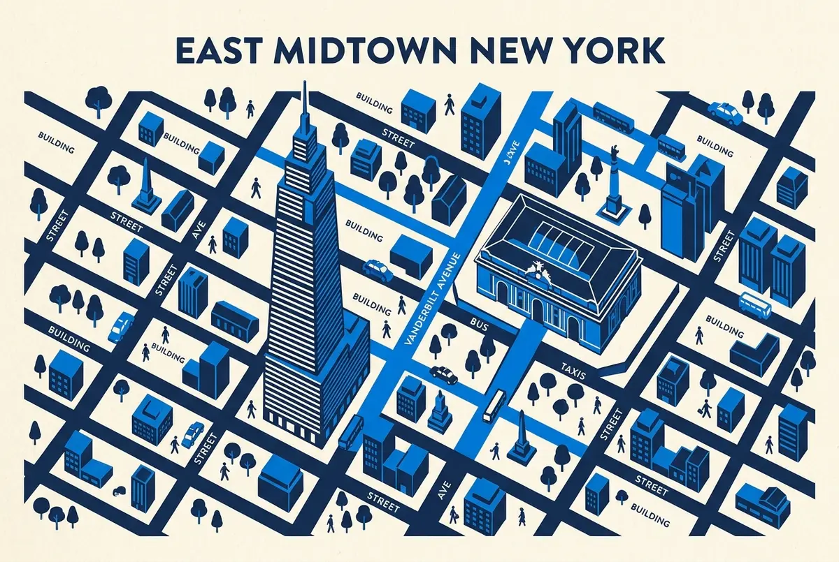 One Vanderbilt tower history map showing Grand Central Terminal, Vanderbilt Avenue and the One Vanderbilt tower in East Midtown, simple illustrated street map with generic labels