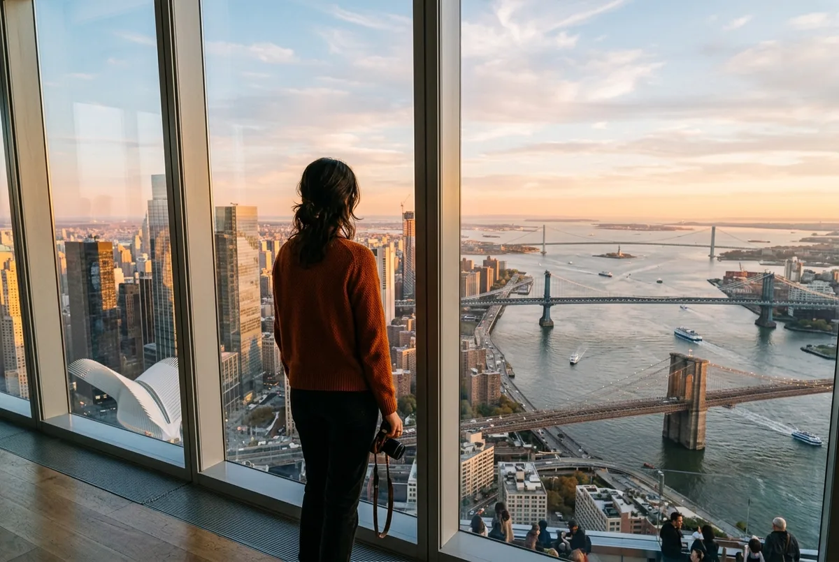 Vue du port de New York et de la pointe de Manhattan depuis un observatoire de Downtown, Statue de la Liberté au loin, lumière claire de fin d'après-midi