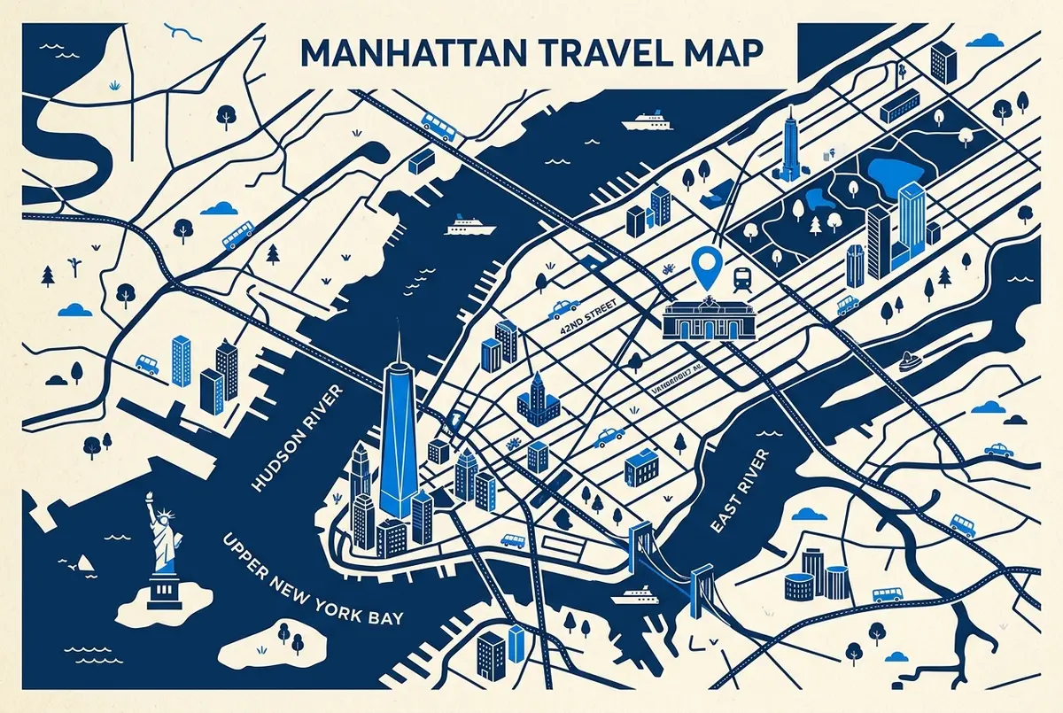Mappa illustrata semplificata di Manhattan con la punta sud e Downtown a sinistra e Midtown con SUMMIT One Vanderbilt in alto, etichette generiche One World Observatory, 9/11 Memorial, Grand Central e Empire State