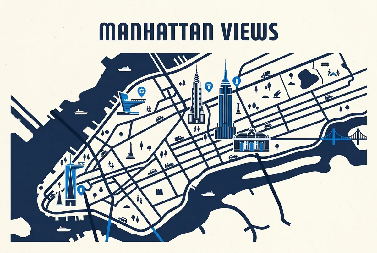 outdoor observation deck nyc comparison map of Manhattan marking Hudson Yards, Rockefeller Center, Empire State Building, Grand Central Terminal and the Financial District with generic labels