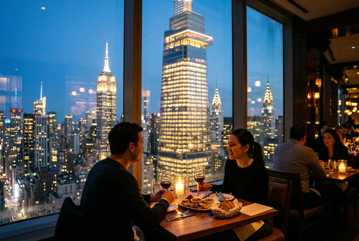 restaurants near summit one vanderbilt scene: diners at a warm candlelit table near a Midtown window at dusk, with the lit tower of One Vanderbilt glowing in the background