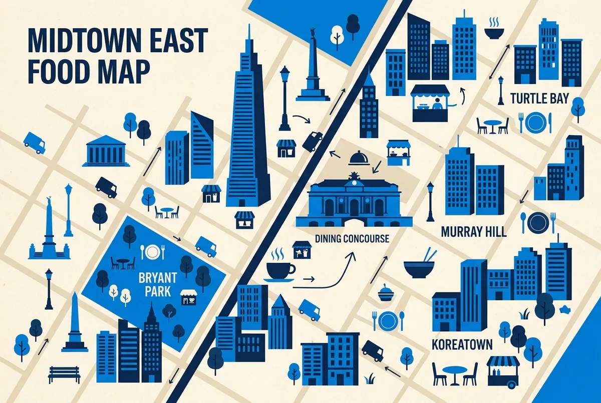 restaurants near summit one vanderbilt food map of Midtown East showing One Vanderbilt, Grand Central Terminal dining concourse, Bryant Park, Turtle Bay, Murray Hill and Koreatown with generic labels