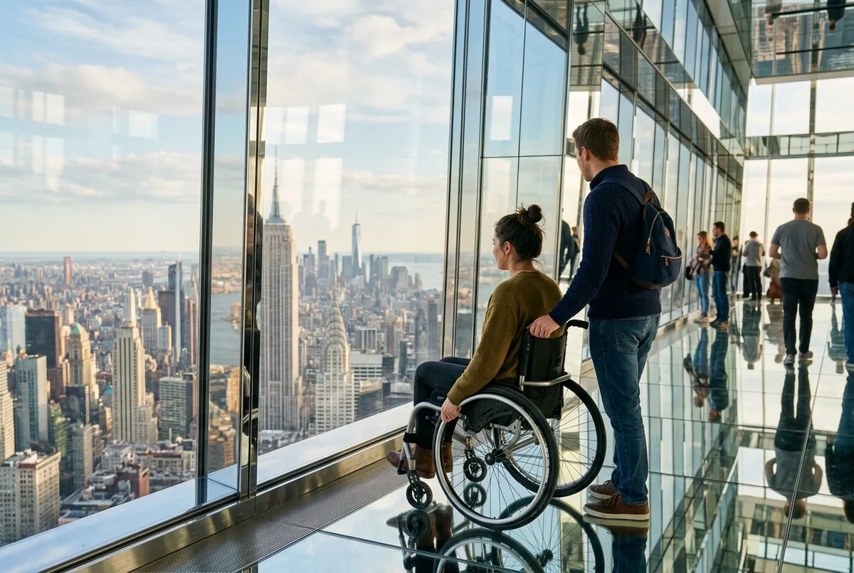 wheelchair user and companion looking out over the Manhattan skyline from a bright indoor viewing area at SUMMIT One Vanderbilt, calm and welcoming mood