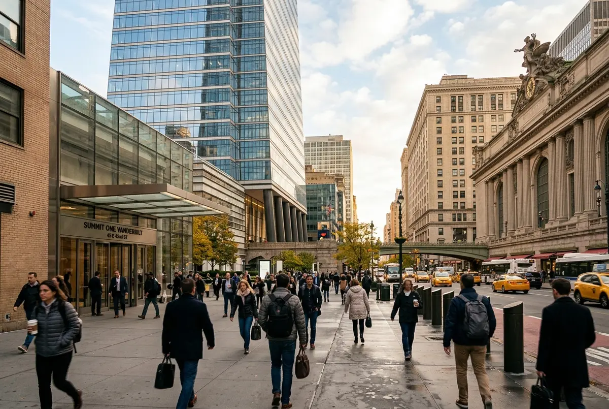 pedestrians outside the One Vanderbilt tower entrance on Vanderbilt Avenue beside Grand Central Terminal, the SUMMIT One Vanderbilt address, in morning light