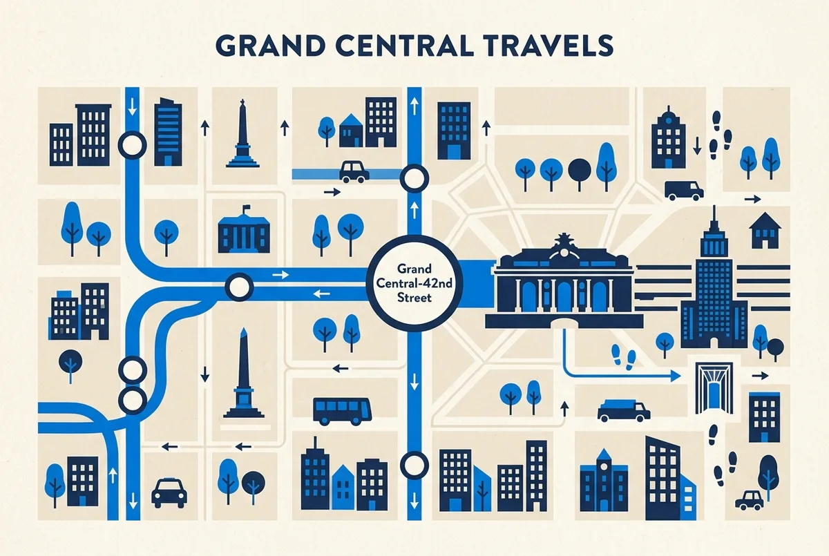 Simple route map showing subway lines to Grand Central-42nd Street, the terminal and the SUMMIT One Vanderbilt entrance on Vanderbilt Avenue
