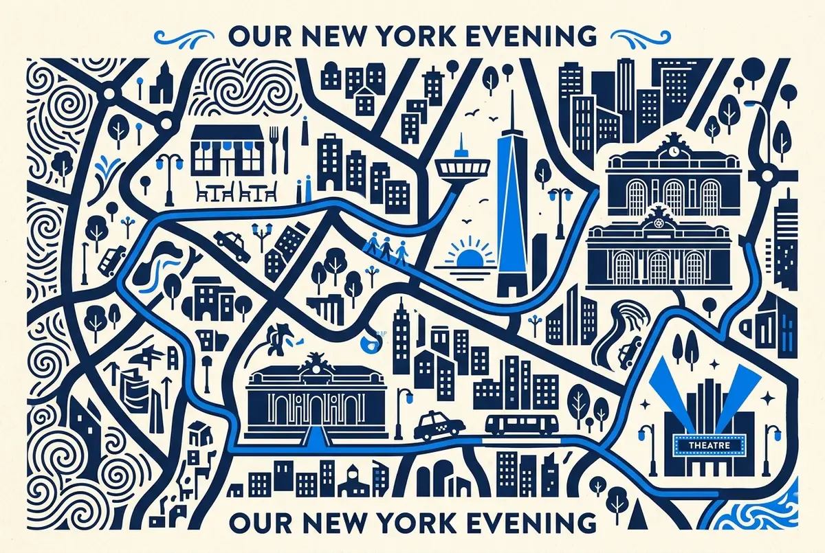 Simple evening route illustration for a couples visit with generic labels for Dinner, SUMMIT One Vanderbilt Sunset Entry, Grand Central and Broadway Theater