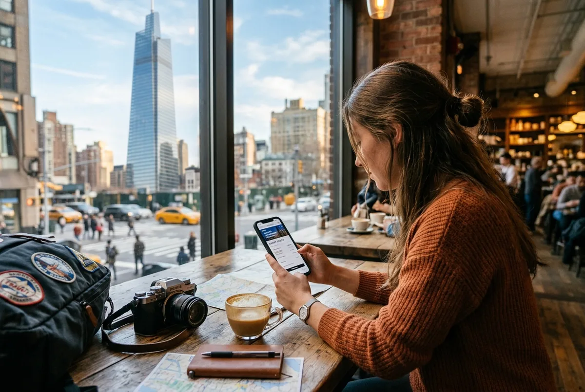 Traveler comparing SUMMIT One Vanderbilt discount tickets on a phone at a Midtown Manhattan cafe table with the tower in the background