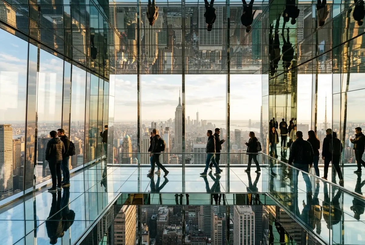 Visitors inside the mirrored AIR room at SUMMIT One Vanderbilt, an experience tickets scene with the Manhattan skyline reflected all around