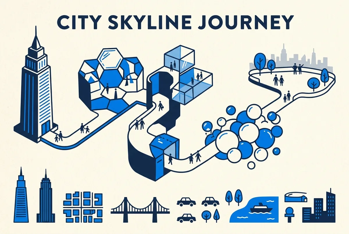 Simple diagram of the SUMMIT One Vanderbilt visitor path with generic labels for Elevator, AIR Mirror Rooms, Levitation Glass Ledges, Balloon Room and Terrace