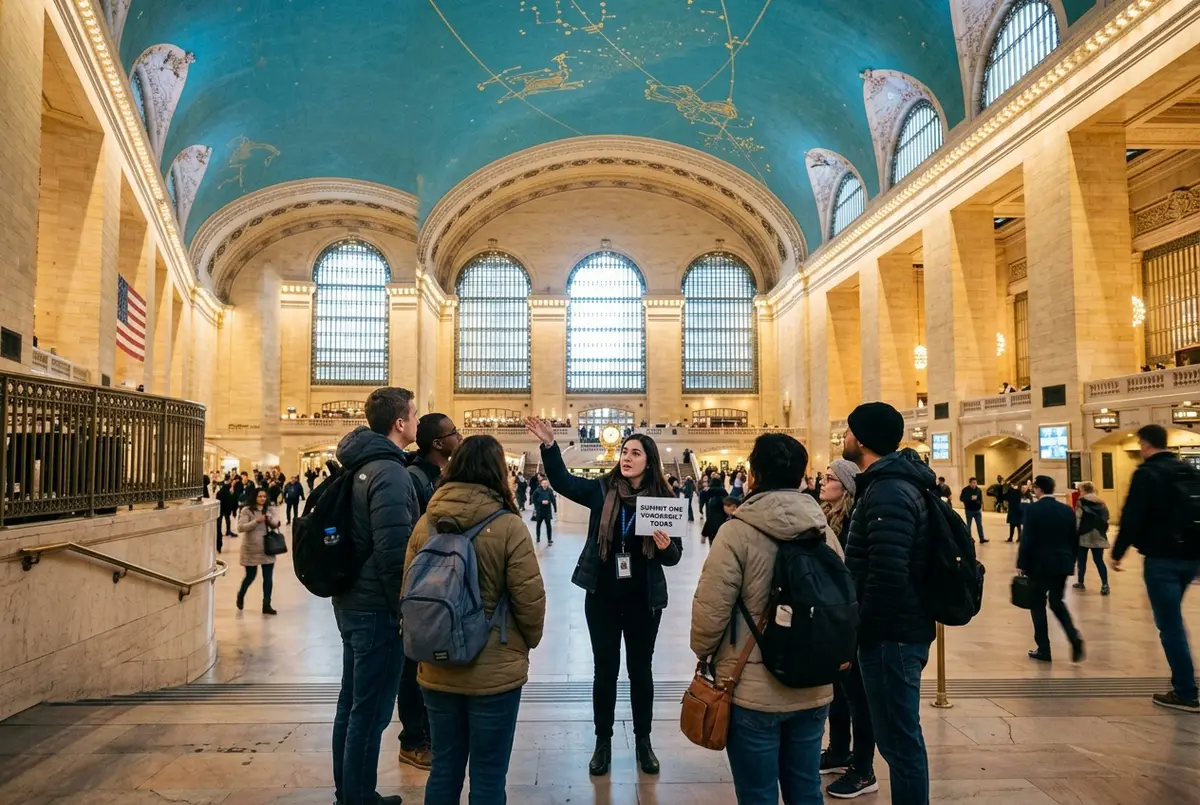 small group of visitors with a guide under the celestial ceiling of Grand Central Terminal before a SUMMIT One Vanderbilt guided tour, warm morning light