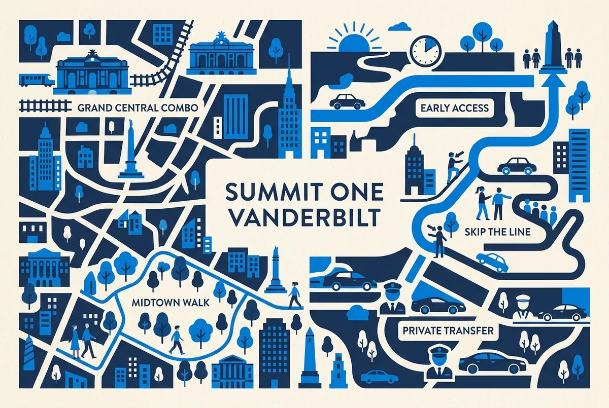 Comparison infographic of five SUMMIT One Vanderbilt guided options with labels for Grand Central Combo, Early Access, Skip the Line, Midtown Walk and Private Transfer