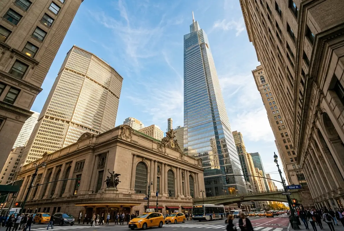 upward view of the One Vanderbilt tower rising above Grand Central Terminal and Midtown streets in clear daylight, showing the scale of the SUMMIT observation deck at the top