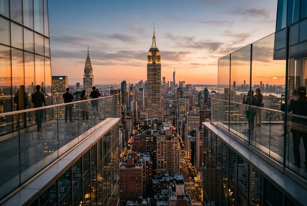 Golden hour view from the SUMMIT One Vanderbilt terrace with Midtown Manhattan towers, showing why the time slot matters for the summit one vanderbilt hours