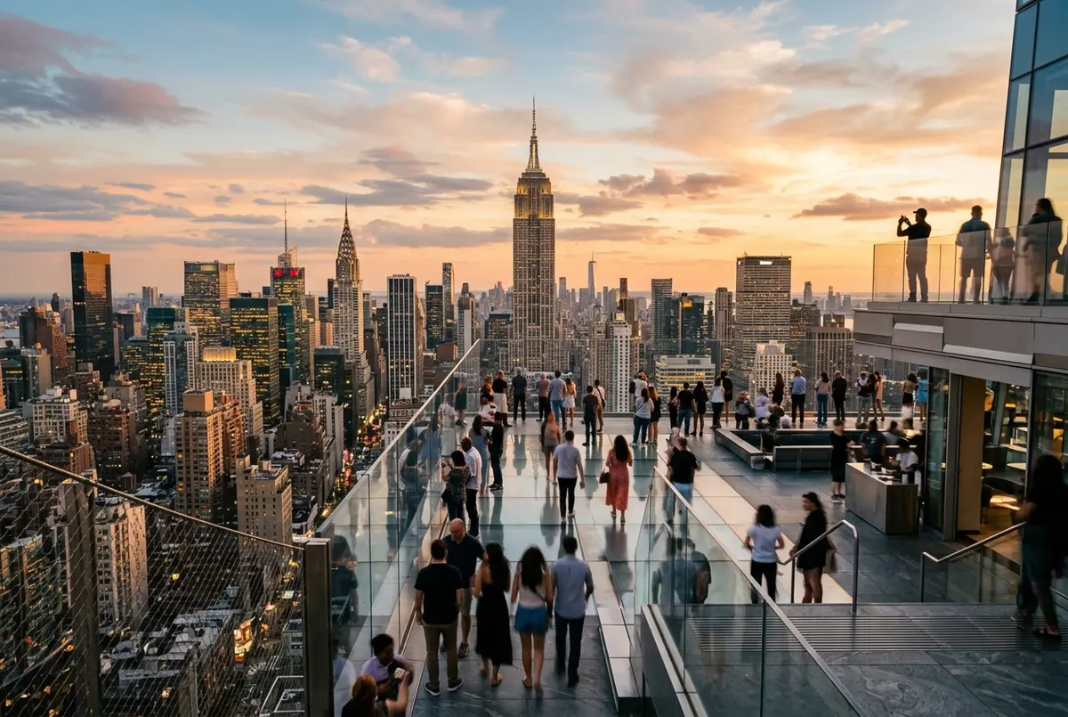 wide view of the SUMMIT One Vanderbilt observation deck terrace above Midtown Manhattan at golden hour with the Empire State Building in the distance