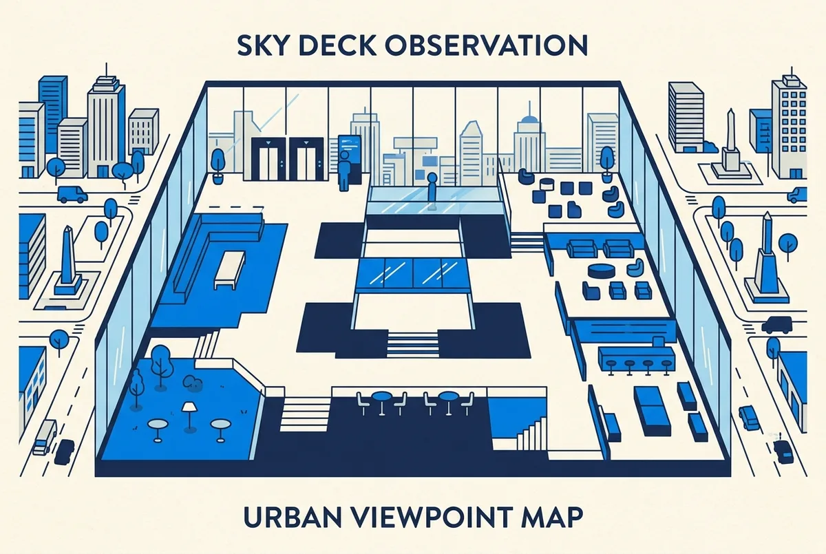 Illustrated floor map of the SUMMIT One Vanderbilt observation deck with labels for Elevator, AIR, Levitation, AFFINITY, Terrace and Apres Bar