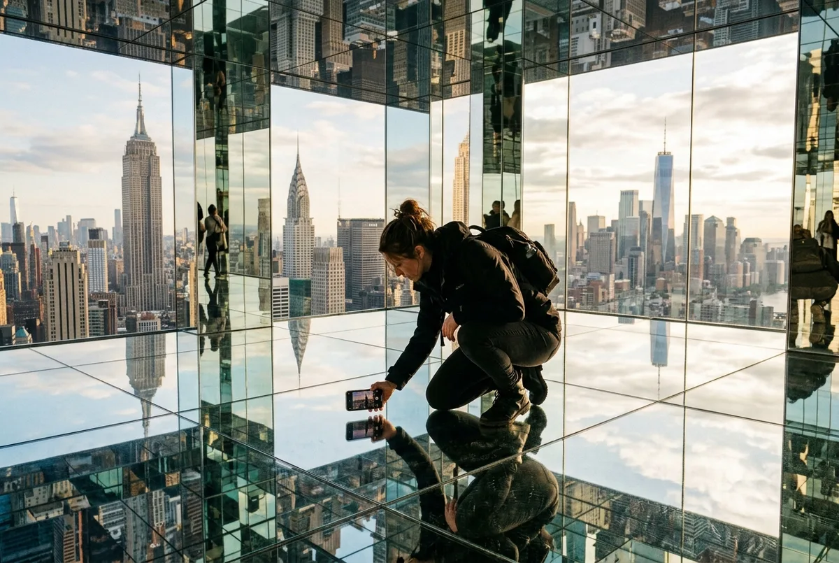 photographer crouching low in a mirrored room at SUMMIT One Vanderbilt, phone held near the floor to capture the Manhattan skyline reflected in every direction