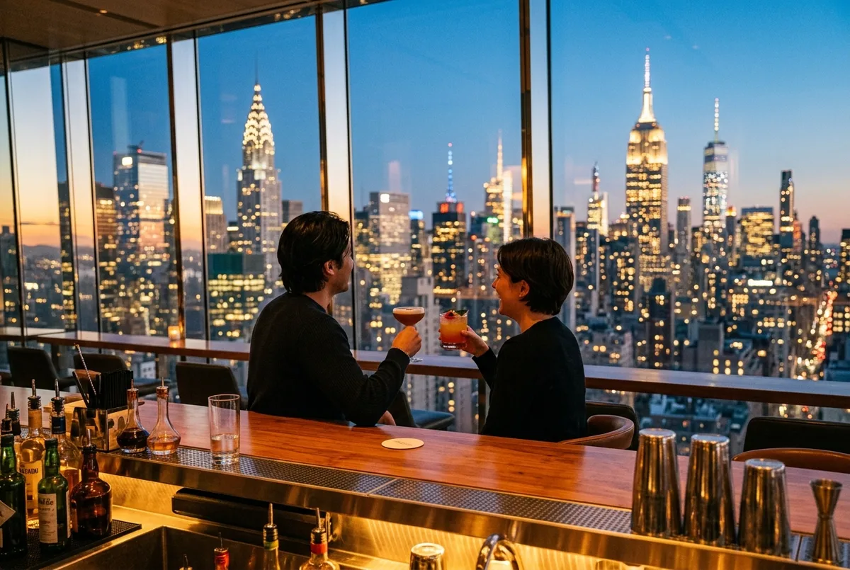 Pareja brindando con dos copas junto a un ventanal del bar Apres del Summit One Vanderbilt con las luces de Midtown al anochecer