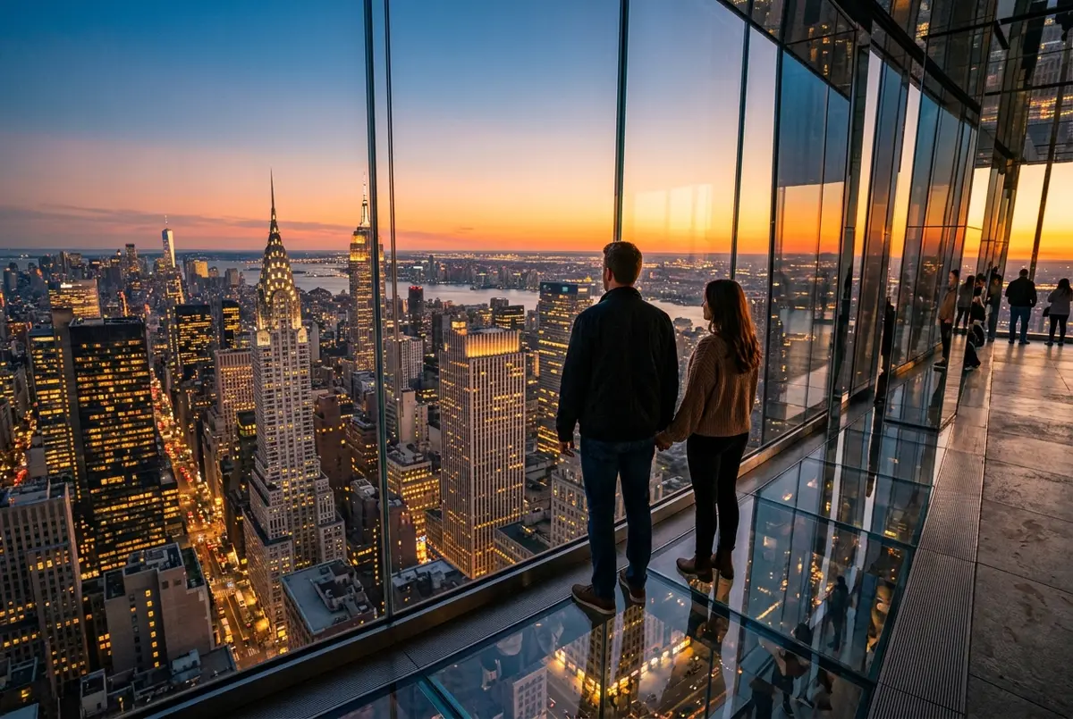 couple standing at the glass wall of the SUMMIT One Vanderbilt observation deck at sunset, warm orange light on Midtown Manhattan towers as the city lights come on