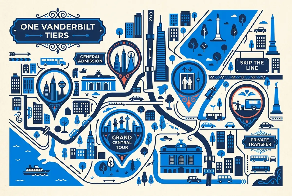 Infographic style map of the SUMMIT One Vanderbilt ticket tiers with labels for General Admission, Grand Central Tour, Skip the Line and Private Transfer