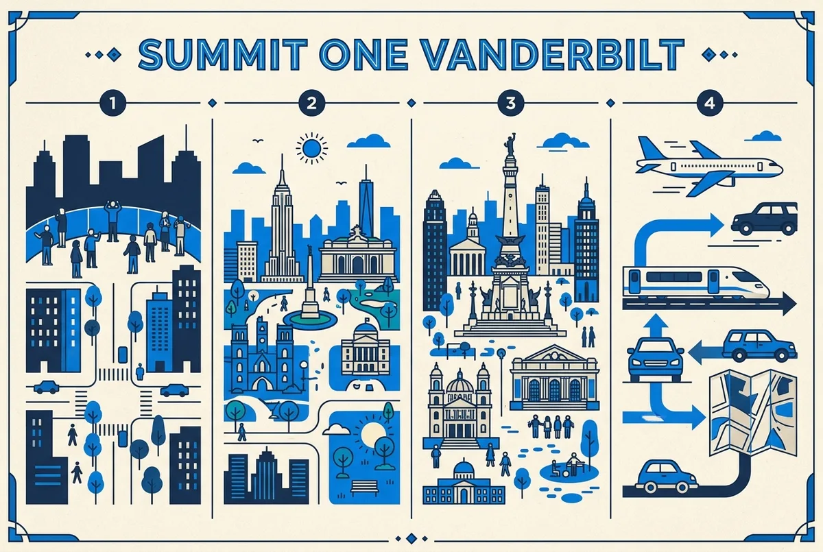 Comparison infographic of SUMMIT One Vanderbilt ticket types with labels for General Admission, Midtown Tour, Grand Central Tour, Skip the Line and Private Transfer