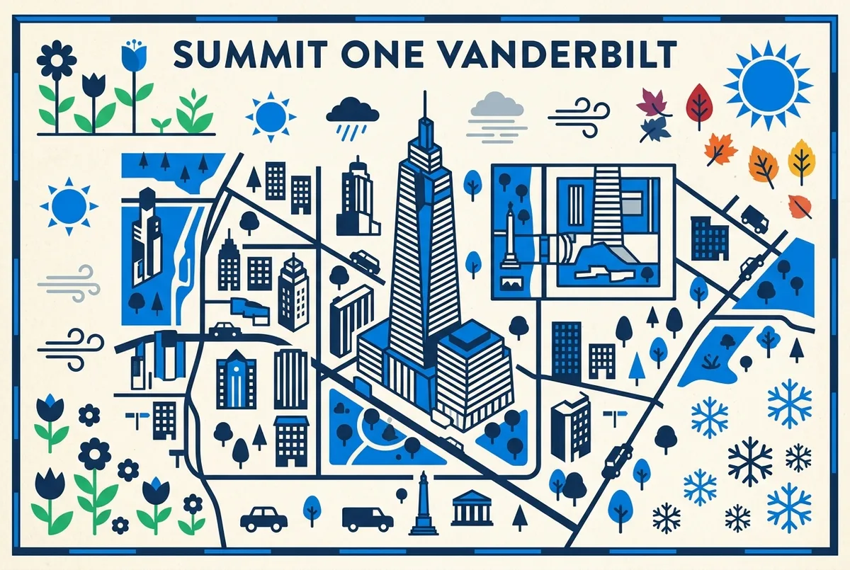 Simple seasonal infographic of SUMMIT One Vanderbilt visiting conditions with generic labels for Spring, Summer, Autumn, Winter, Clear Skies, Fog and Wind