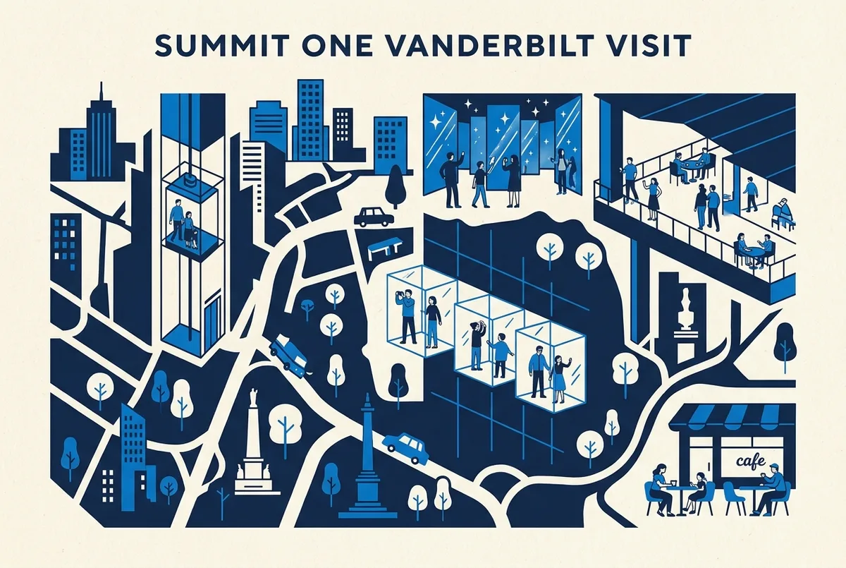 Family visit map of SUMMIT One Vanderbilt with labels for Elevator, AIR Mirror Rooms, Levitation Glass Ledges, Terrace and Cafe