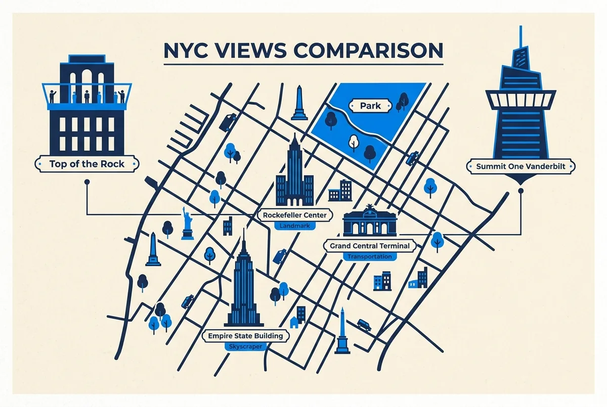 top of the rock nyc versus summit one vanderbilt comparison map of Midtown Manhattan marking Rockefeller Center, Grand Central Terminal, Empire State Building and Central Park with generic labels